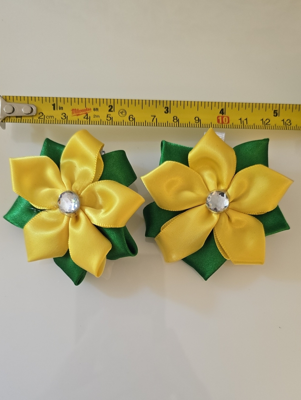 Yellow & Green Satin Flower Hair Clips - Pair